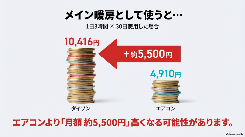 1日8時間×30日使用した場合の月額コスト比較。エアコンよりダイソンの方が月額約5,500円高くなる可能性を示した図。
