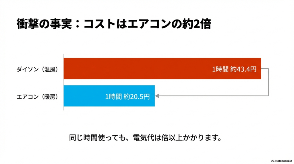 ダイソン（温風）は約43.4円、エアコン（暖房）は約20.5円。同じ時間使っても電気代は倍以上かかることを示す比較グラフ。