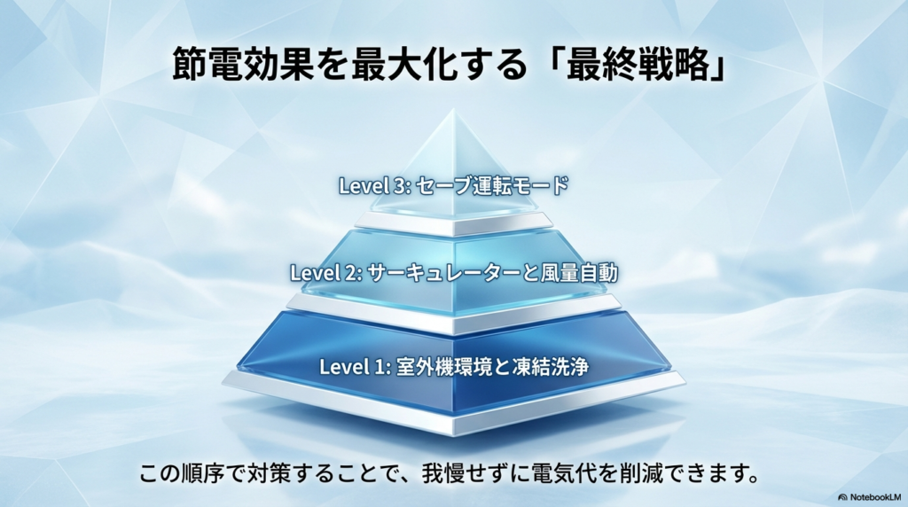 図解：レベル1の室外機環境と凍結洗浄、レベル2のサーキュレーター、レベル3のセーブ運転という節約対策の優先順位