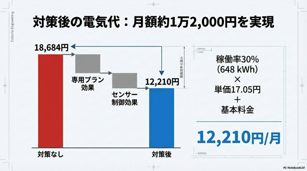融雪ヒーターの電気代が専用プランとセンサー制御で月額1万2千円まで下がるコスト削減ウォーターフォールチャート