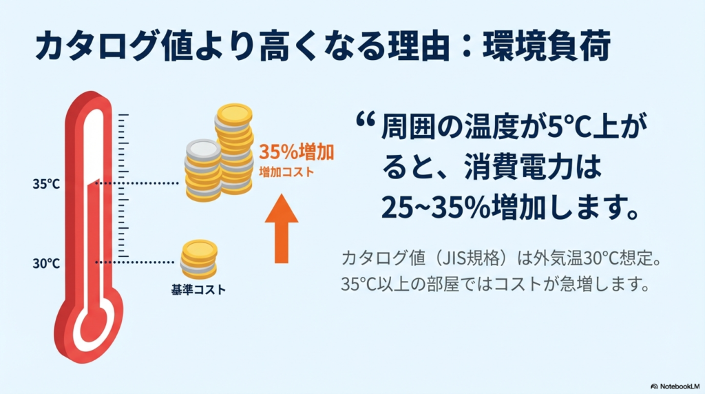 冷蔵庫の環境負荷プレミアムの解説図。外気温が30℃から35℃に上がると、消費電力が25〜35%増加することを示したグラフイメージ。