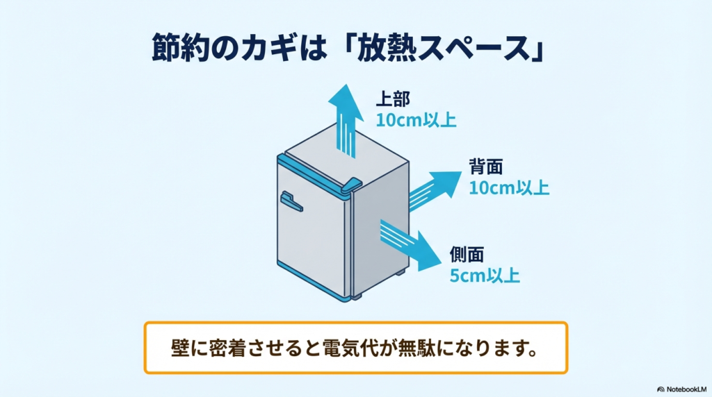 冷蔵庫の設置スペースの図解。上部10cm以上、背面10cm以上、側面5cm以上の隙間を空けて放熱させる必要性を矢印で示したイラスト。