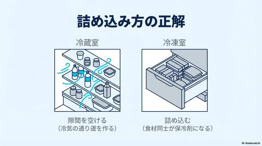 冷蔵室は隙間を空けて冷気の通り道を作り、冷凍室は食材を詰め込んで保冷効果を高めるという、対照的な収納術を図解したイラスト。