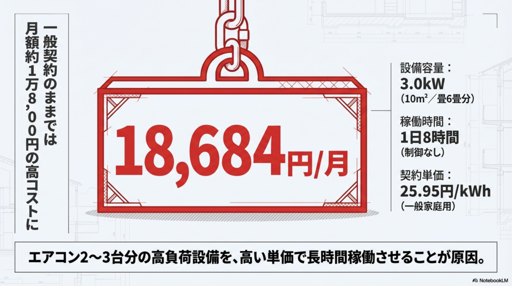一般的な従量電灯契約での融雪ヒーター電気代試算。1日8時間稼働の場合、月額約18,684円という高コストになる原因と内訳。
