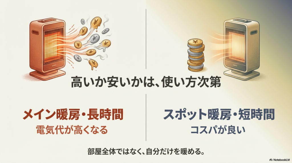 電気代が高くなる長時間利用とコスパが良いスポット暖房の比較イラスト