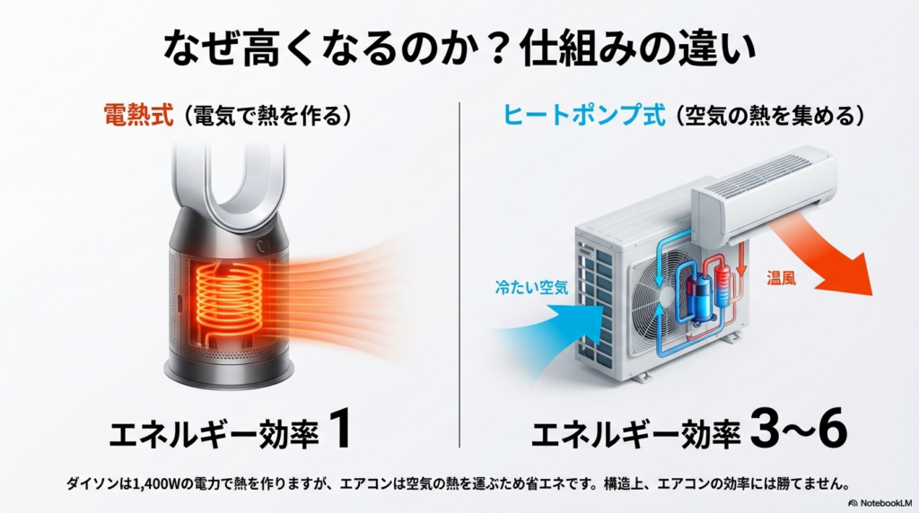 ダイソンの電熱式（エネルギー効率1）とエアコンのヒートポンプ式（エネルギー効率3～6）の仕組みと効率の違いを解説した図。