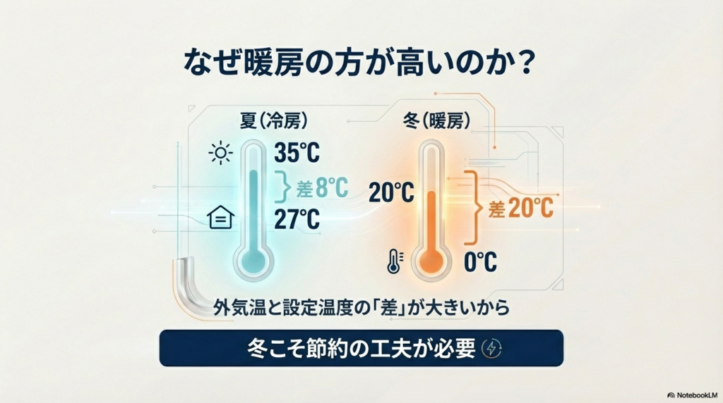 冷房と暖房の電気代の違いは外気温と設定温度の差によるもの