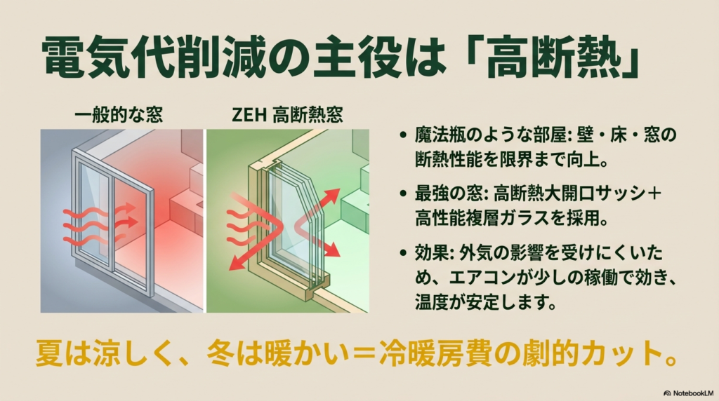 一般的な窓と高断熱窓の熱貫流比較 一般的な窓とZEHの高断熱複層ガラス窓の比較図。魔法瓶のように熱を逃さない構造の説明