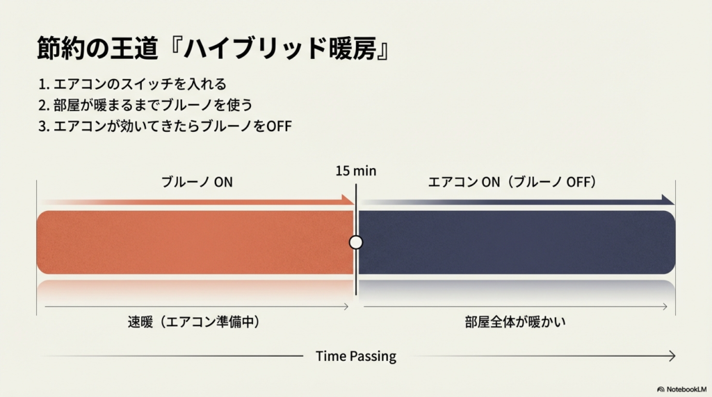 エアコンとブルーノカーボンヒーターを併用するハイブリッド暖房の時間の流れ図