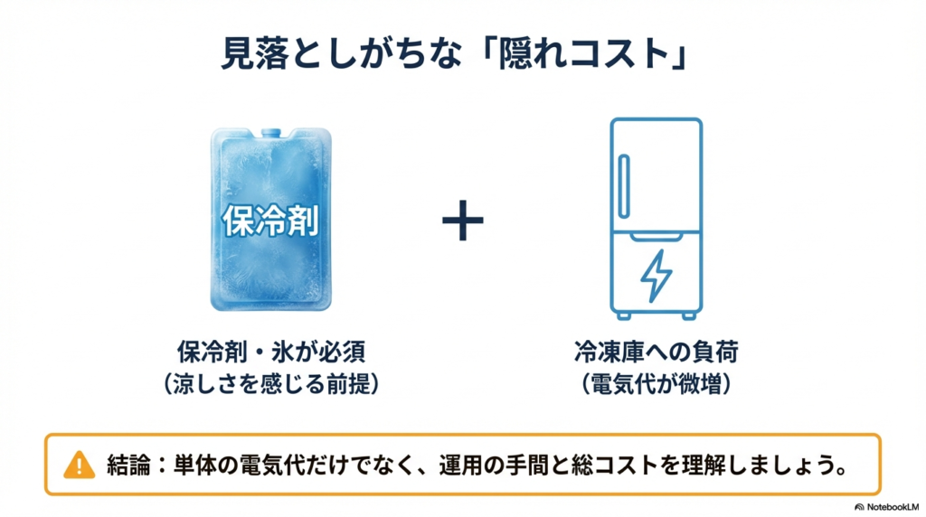 保冷剤や氷の画像と、それらを凍らせるために冷凍庫へかかる負荷（電気代の微増）についての注意喚起。