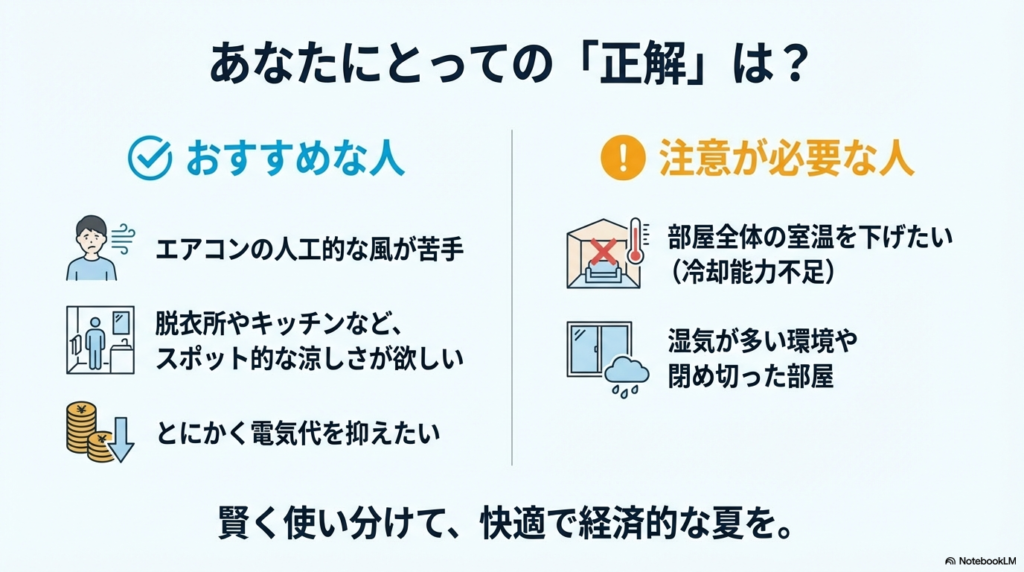 スポット的な涼しさを求める人にはおすすめだが、部屋全体を冷やしたい人や湿気が多い環境には不向きであることを示すまとめ。