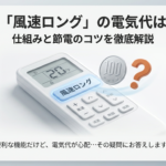 霧ヶ峰の風速ロング機能のリモコン操作イメージと電気代への疑問を示すイラスト