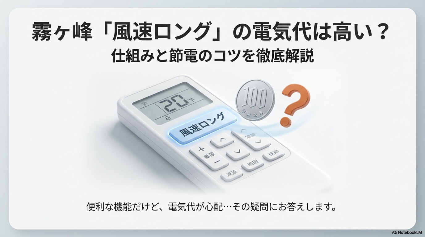 霧ヶ峰の風速ロング機能のリモコン操作イメージと電気代への疑問を示すイラスト