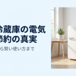 おしゃれな部屋に置かれた白いミニ冷蔵庫の写真。「ミニ冷蔵庫の電気代と節約の真実」「月額目安から賢い使い方まで」というキャッチコピーが書かれた記事の概要スライド。
