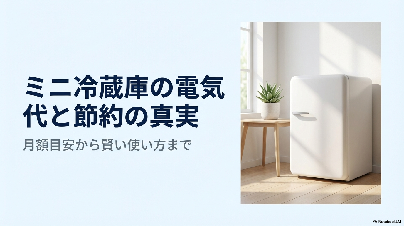 おしゃれな部屋に置かれた白いミニ冷蔵庫の写真。「ミニ冷蔵庫の電気代と節約の真実」「月額目安から賢い使い方まで」というキャッチコピーが書かれた記事の概要スライド。