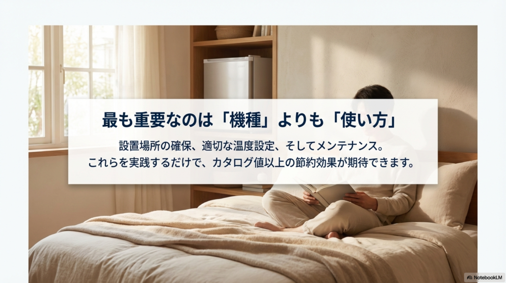 冷蔵庫の節約において最も重要なのは機種スペックよりも「設置場所」「温度設定」「メンテナンス」といった日々の使い方であることを強調したまとめ画像。