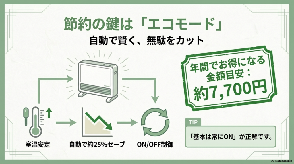 室温安定後に自動で出力をセーブしON/OFF制御を行うノイルヒートのエコモードのサイクル図