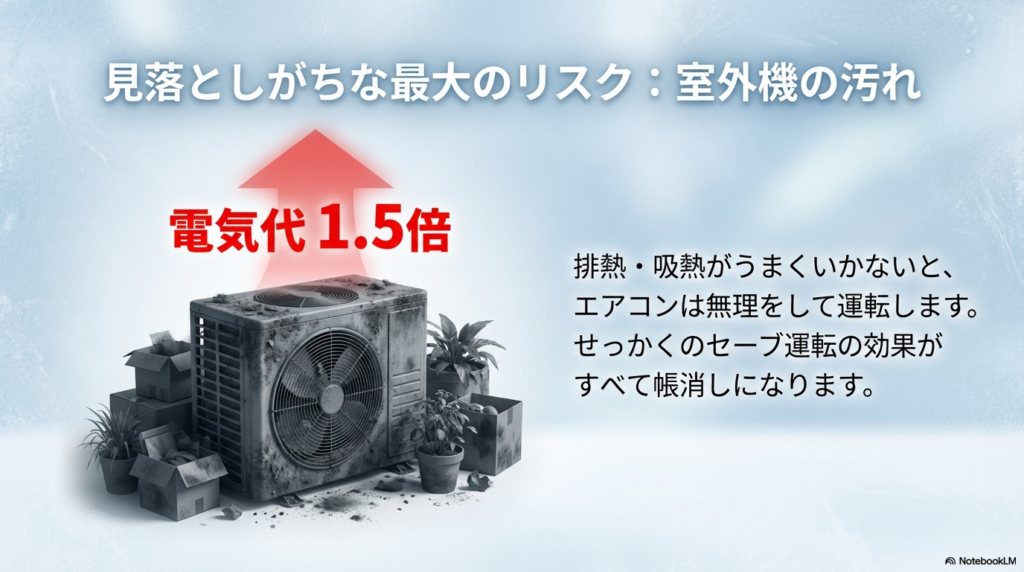 イラスト：室外機の汚れや障害物が原因で排熱・吸熱がうまくいかず、エアコンの電気代が高騰する仕組み