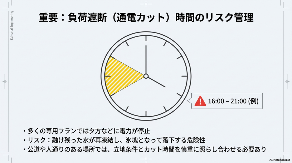 融雪電力プランの負荷遮断時間帯（16時から21時）と再凍結リスクのイメージ図