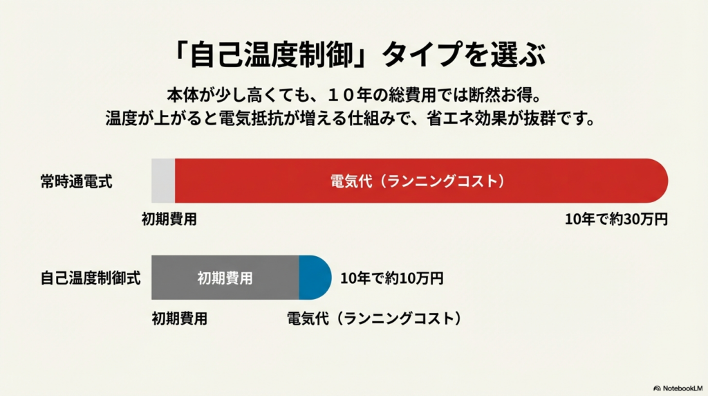 10年間の総費用（LCC）比較グラフ。自己温度制御式の方が常時通電式より約20万円お得になります