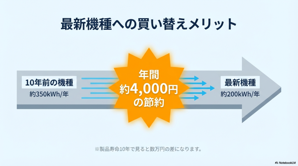 10年前の機種（年間350kWh）と最新機種（年間200kWh）の比較図。買い替えによって年間約4,000円の節約になることを示したイラスト。