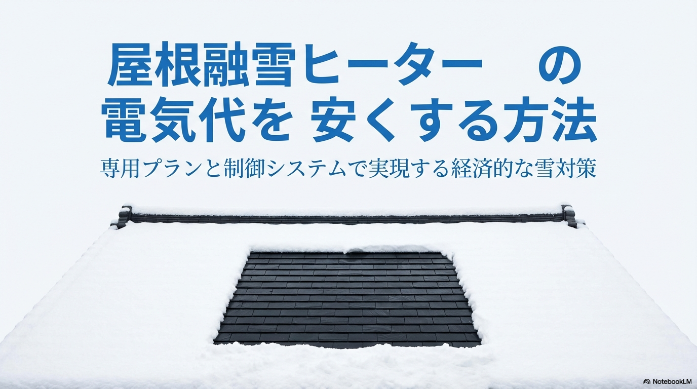 屋根融雪ヒーターの電気代を安くする方法。専用プランと制御システムで実現する経済的な雪対策について解説するスライドの表紙。