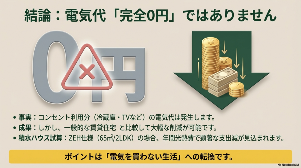 シャーメゾンZEHの電気代削減イメージ シャーメゾンZEHの電気代は完全0円ではないが一般的な賃貸と比較して大幅な削減が可能であることを示すイメージ図