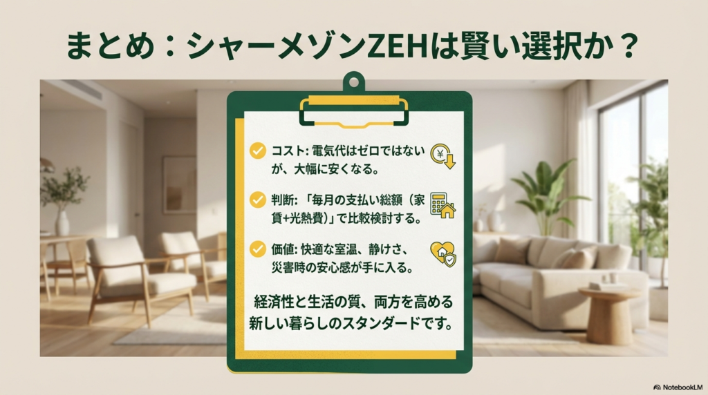 シャーメゾンZEH導入の判断基準まとめ シャーメゾンZEHは賢い選択かどうかのまとめ。コスト、判断基準、住まいの価値についての要点一覧