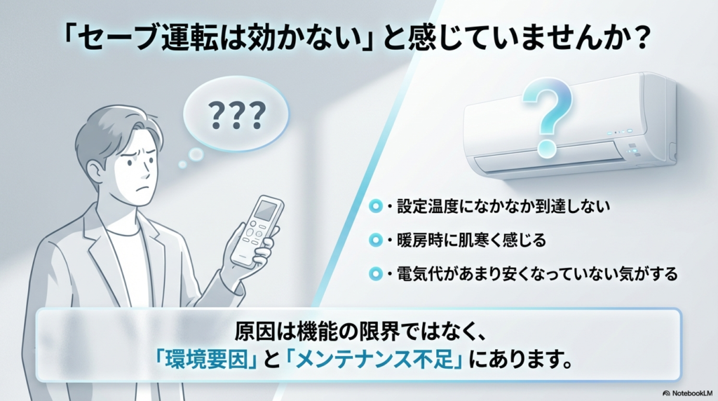 イラスト：エアコンのリモコンを持ちながら、セーブ運転が効かない・冷えないと疑問を感じている男性