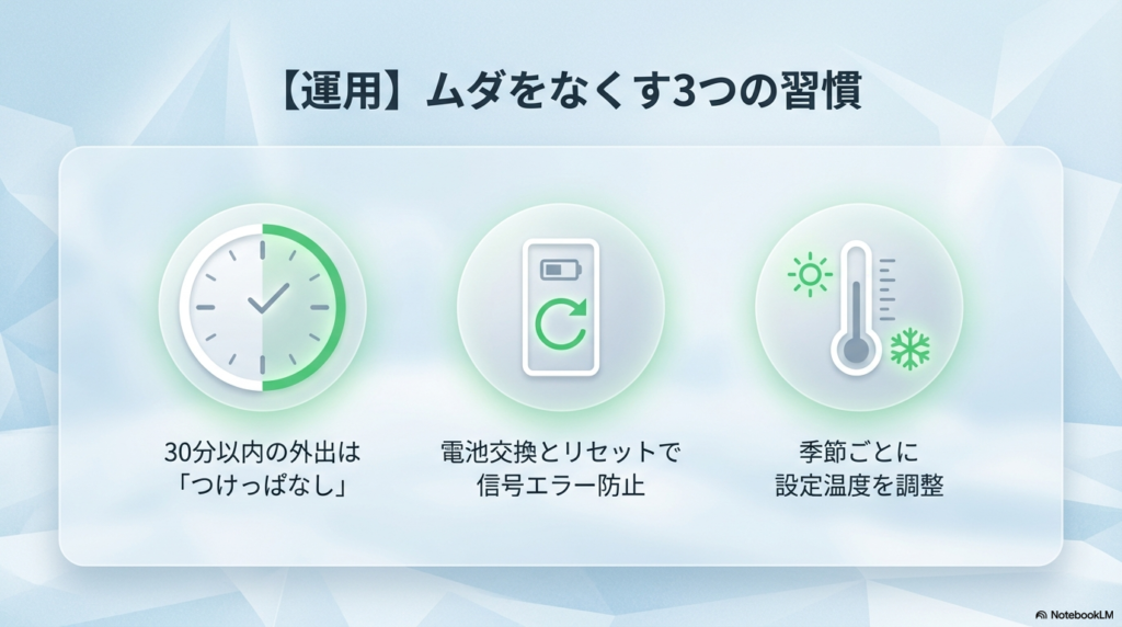 図解：30分以内の外出はつけっぱなし、リモコンの電池交換とリセット、季節ごとの設定温度調整という3つの節約ポイント