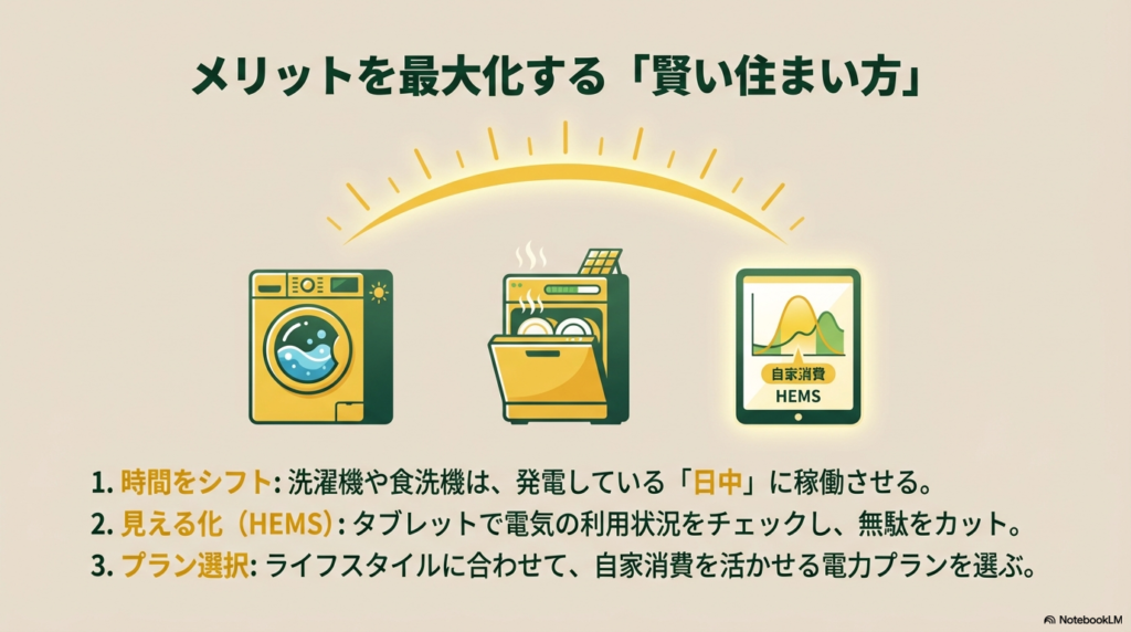 メリットを最大化する賢い住まい方 電気代削減のコツ。HEMSでの見える化や、発電している日中に家電を使用するタイムシフト活用のイラスト