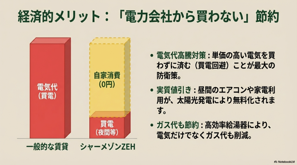 太陽光発電の権利関係(オーナーと入居者) 賃貸ZEHにおける太陽光発電の権利図解。売電収入はオーナーへ、自家消費分は入居者へ還元される仕組み