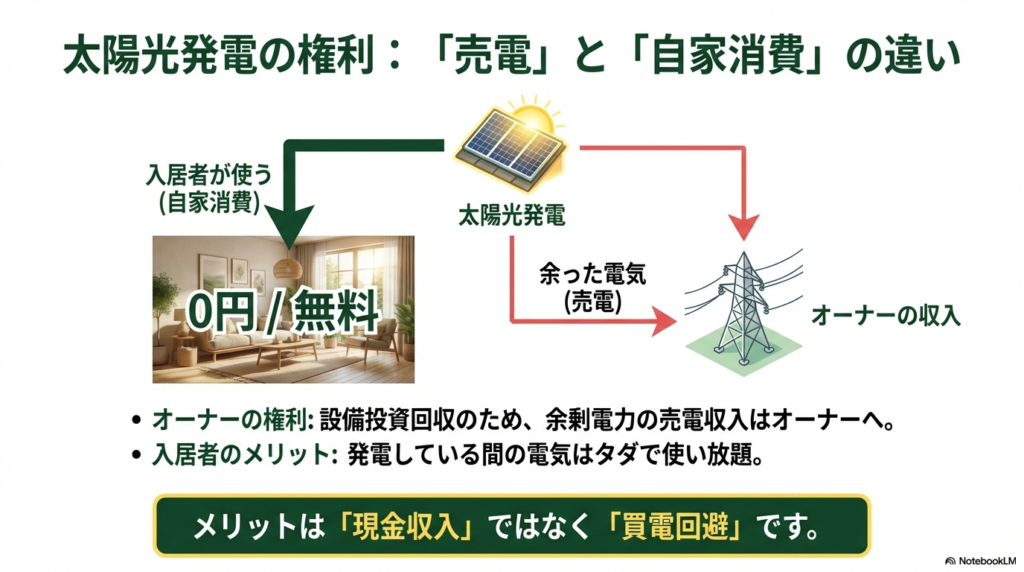 電力会社から買わない節約の仕組み シャーメゾンZEHの経済的メリット図解。太陽光発電の自家消費により電力会社からの買電を減らす仕組み