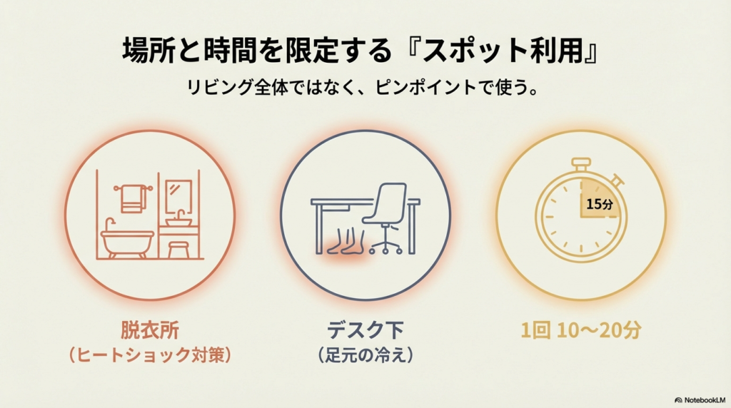 脱衣所やデスク下での使用シーンと15分という推奨時間を表すアイコン