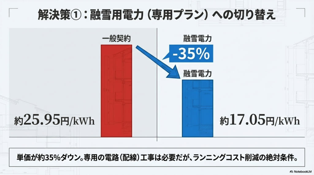 融雪用電力プランと一般契約の電気代単価比較グラフ 約35%削減
