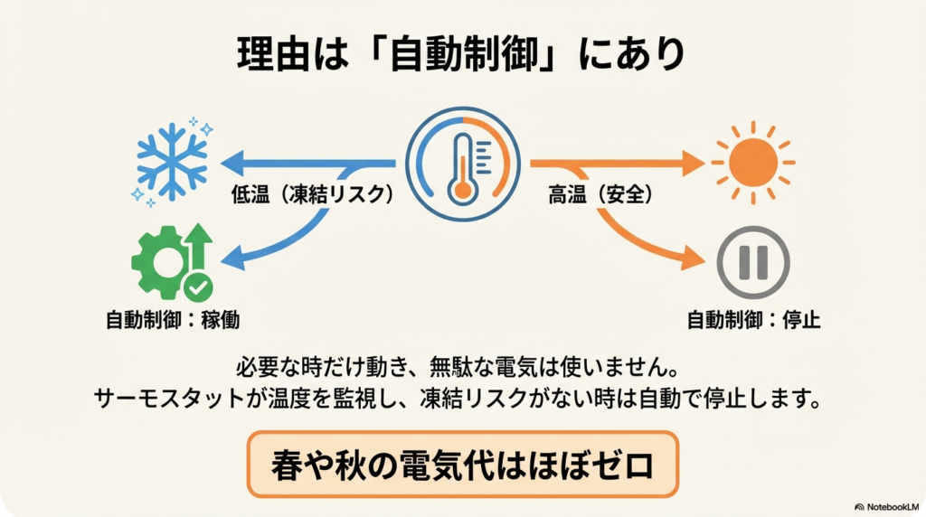 外気温に合わせて自動でON/OFFするサーモスタット制御の仕組み図解。必要な時だけ稼働します。