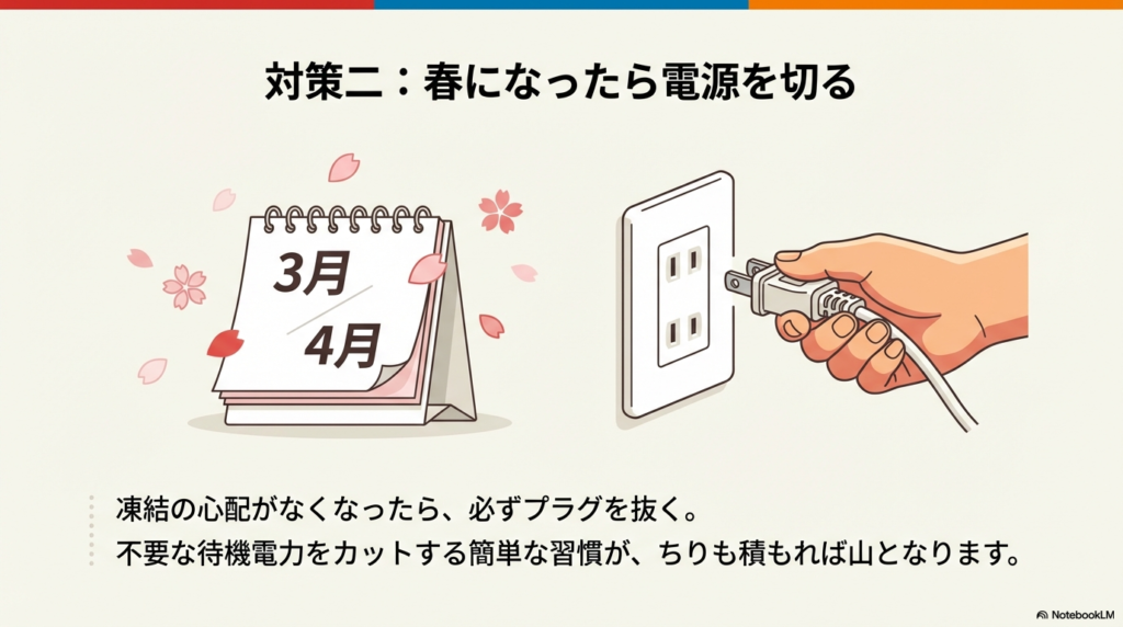 3月・4月になり凍結の心配がなくなったらコンセントを抜いて待機電力をカットしましょう