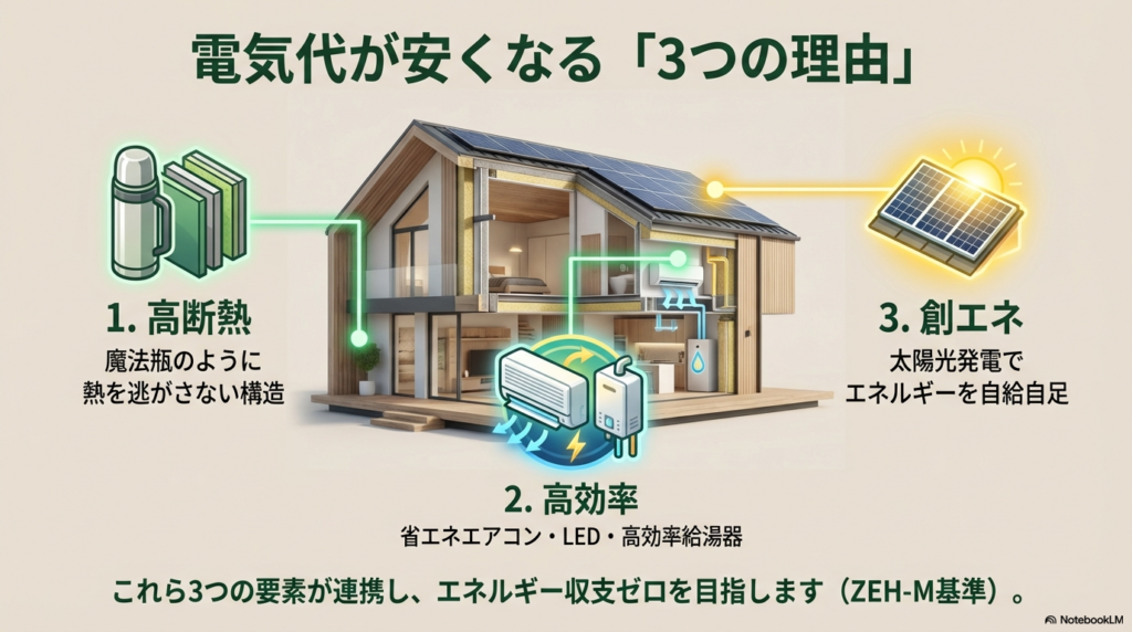 ZEHを構成する3つの要素 シャーメゾンZEHの仕組み図解。高断熱・高効率設備・創エネ(太陽光発電)の3要素が連携する構造